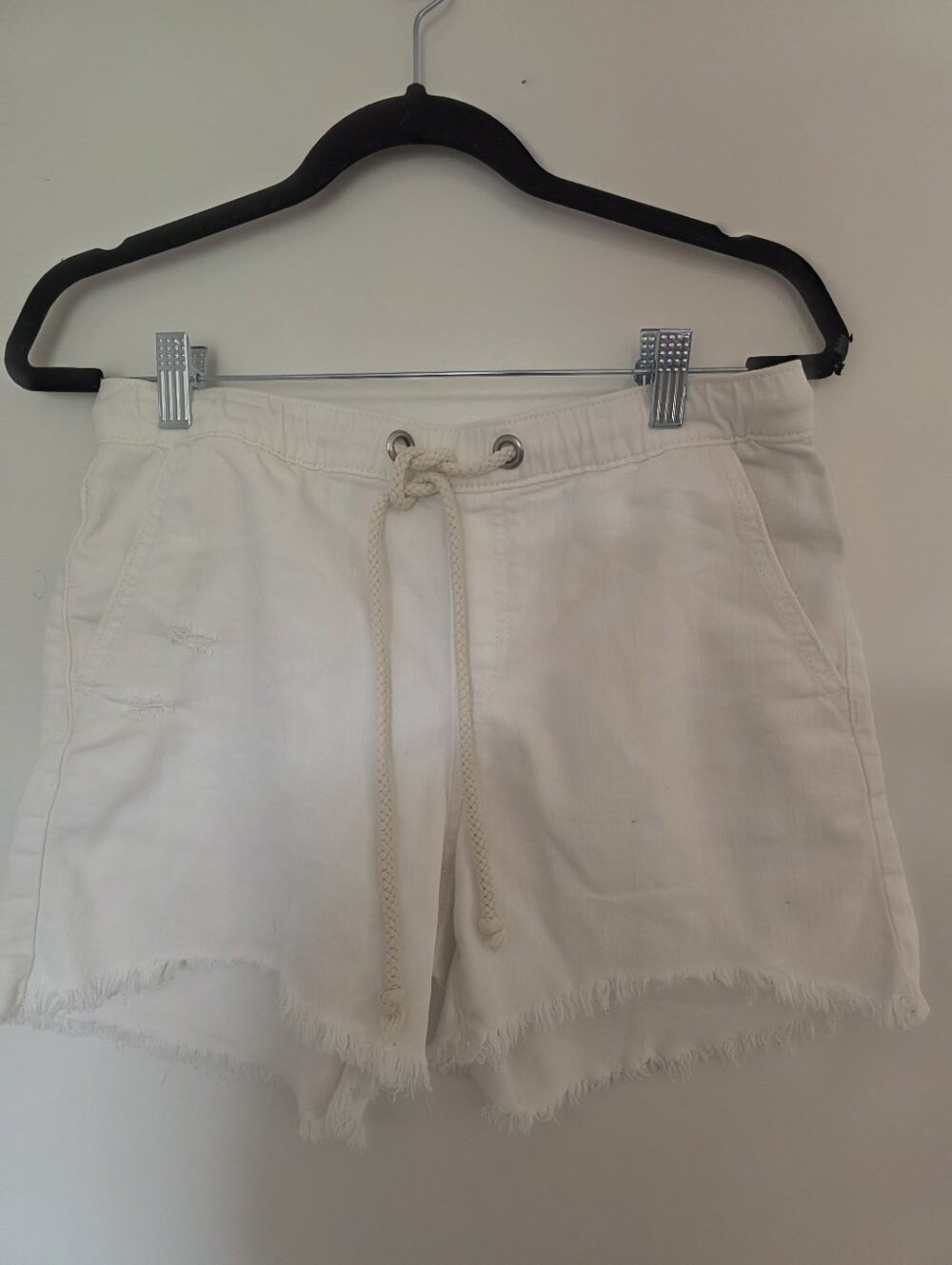 Aerie White Fringe Cut Raw Hem Denim Drawstring Pull On Shorts Women’s Small